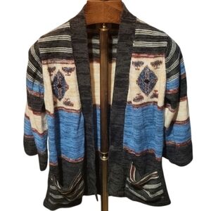 Vintage JC Penney Aztec Design Open Front 3/4 Sleeve Striped Cardigan Size Small